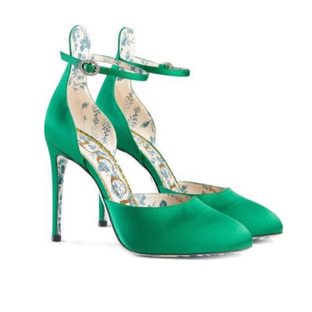 Gucci Green Satin Daisy Pumps